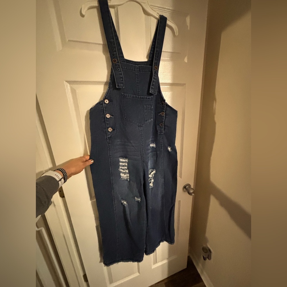 Distressed Dark Blue Denim Overall Dress